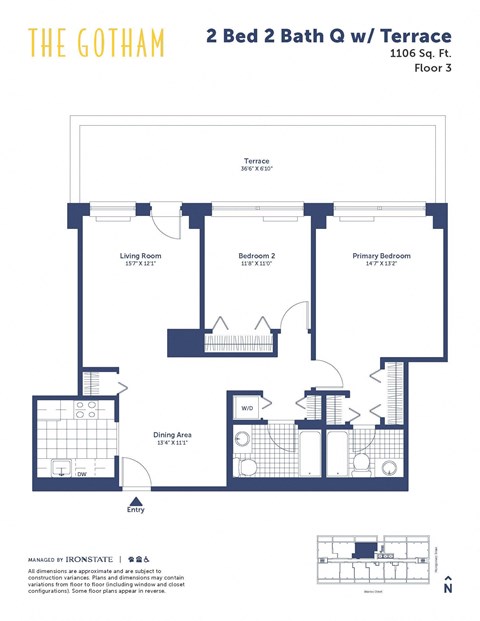Floor plan for 2 beds, 2 baths, 1106 sqft